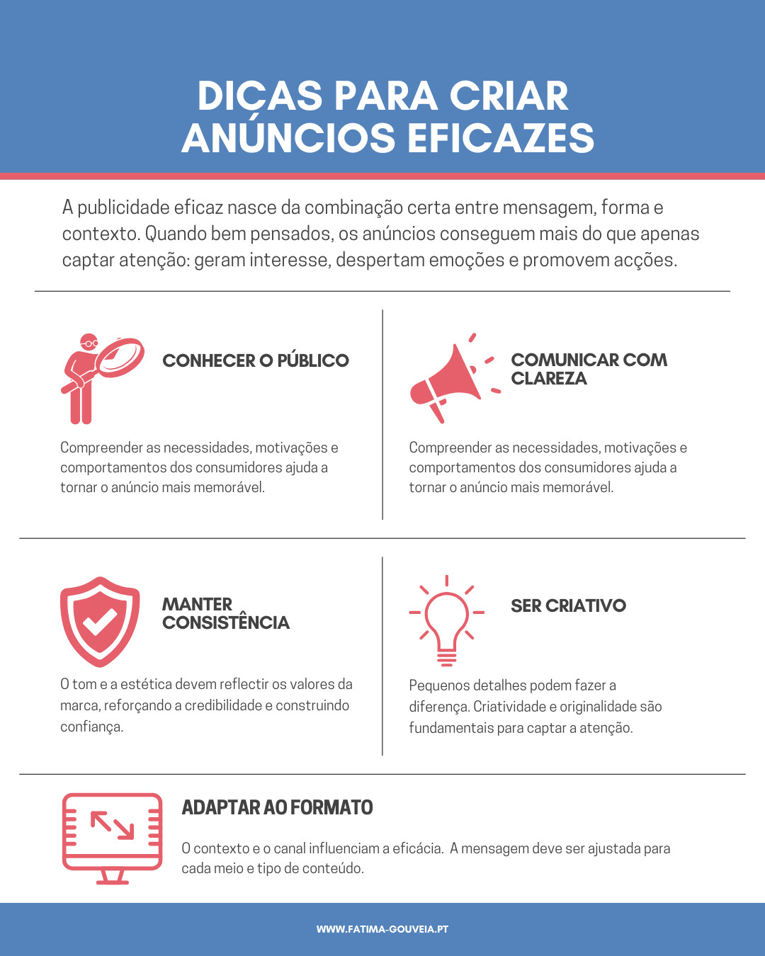 Infográfico com título 'Dicas para criar anúncios eficazes'. Apresenta cinco dicas com ícones ilustrativos: conhecer o público (pessoa com lupa), comunicar com clareza (megafone), manter consistência (escudo com visto), ser criativo (lâmpada) e adaptar ao formato (monitor com setas). Cada dica tem uma breve descrição sobre como melhorar a eficácia da publicidade.