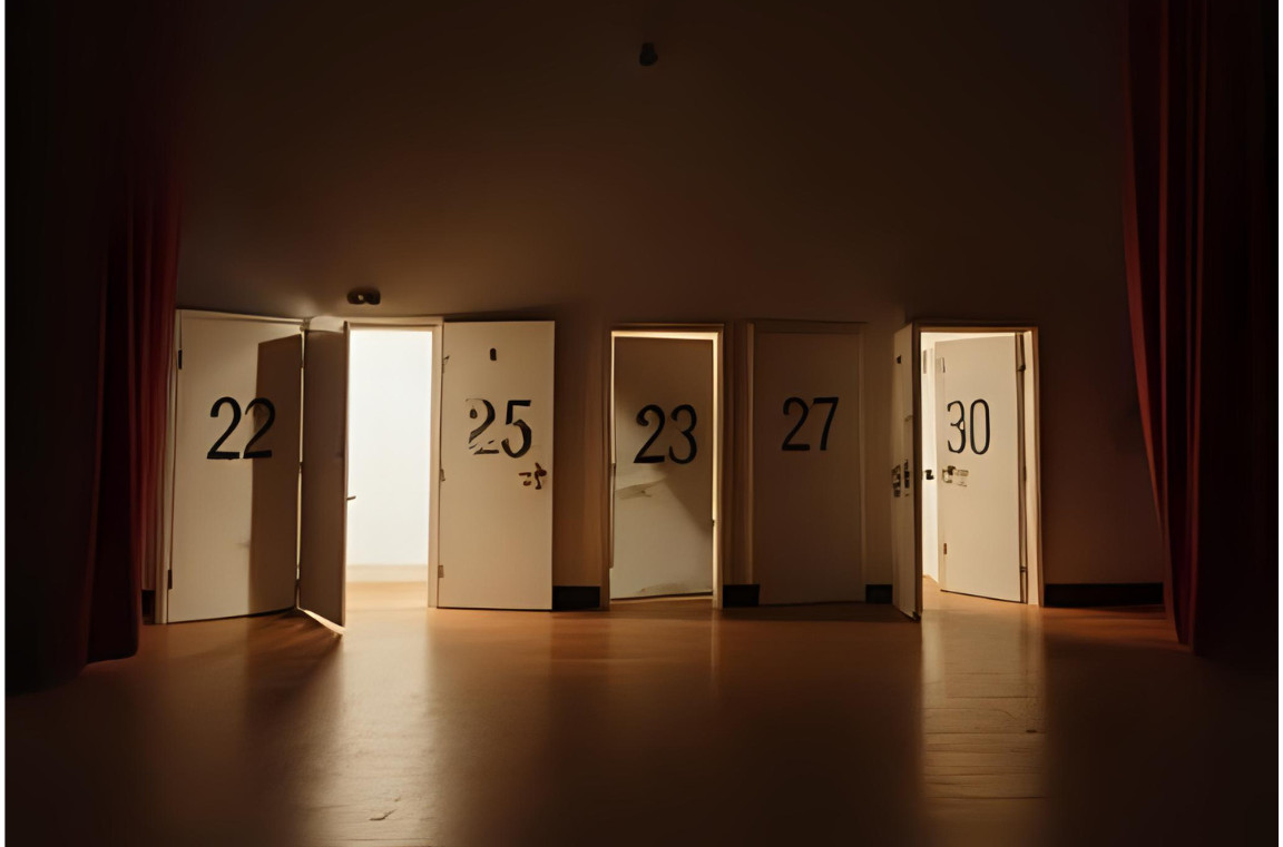 Corredor escuro com várias portas iluminadas, cada uma marcada com números de datas (22, 23, 25, 27 e 30), simbolizando oportunidades e escolhas ao longo de Setembro.